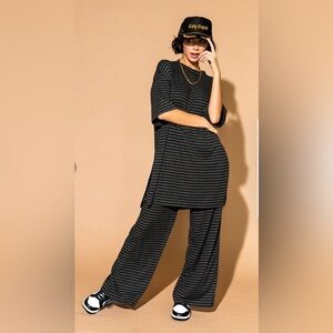 Ribbed Playsuit in Charcoal Stripe